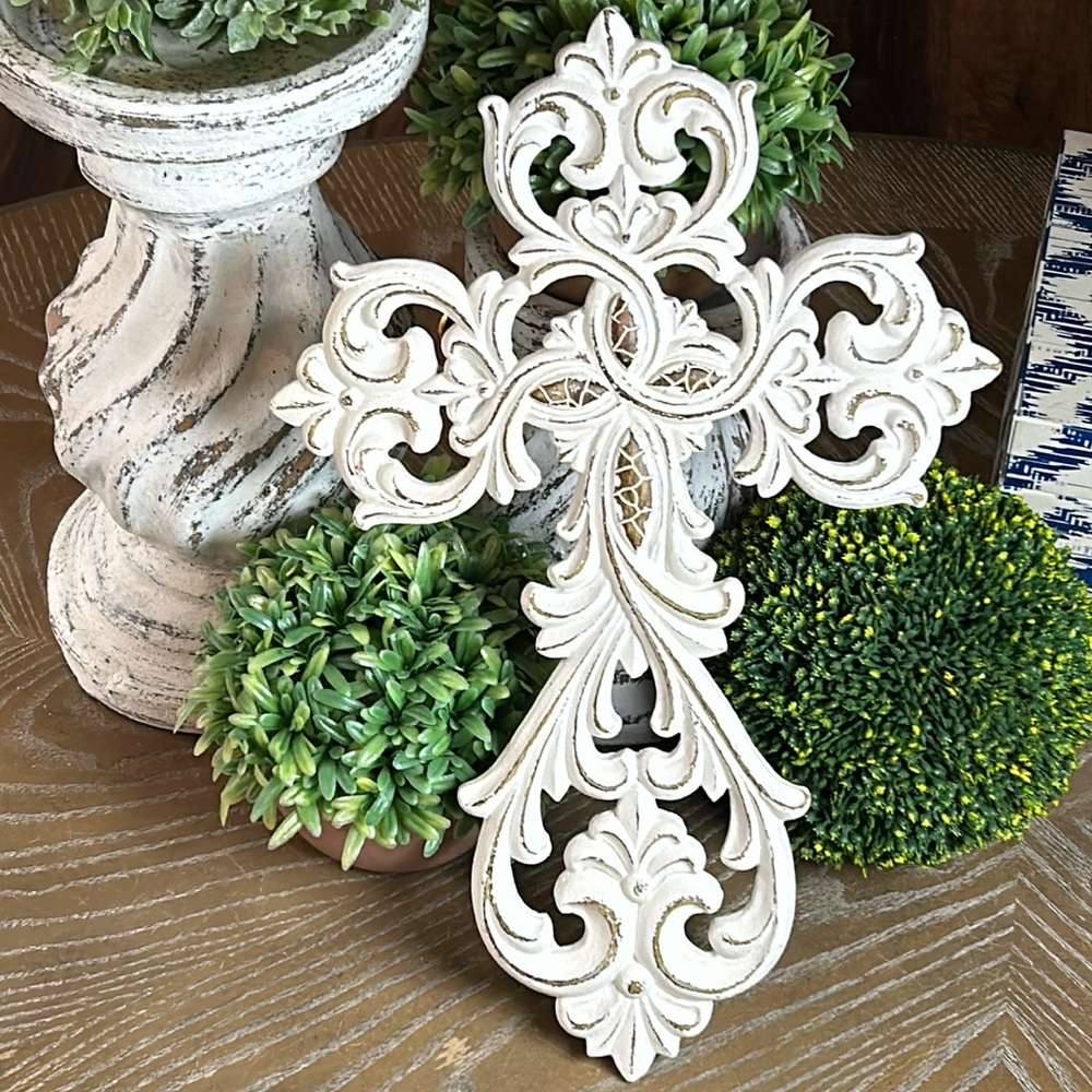 NEW! Shabby Chic Vintage Inspired Creamy White Scroll Resin Wall Cross